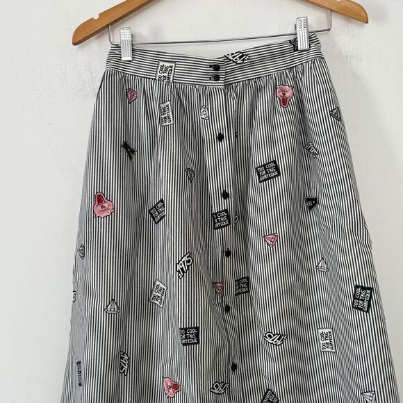 Zara Basics Twee Black White Pinstripe Quirky Pattern Buttons Full Skirt - Picture 4 of 16